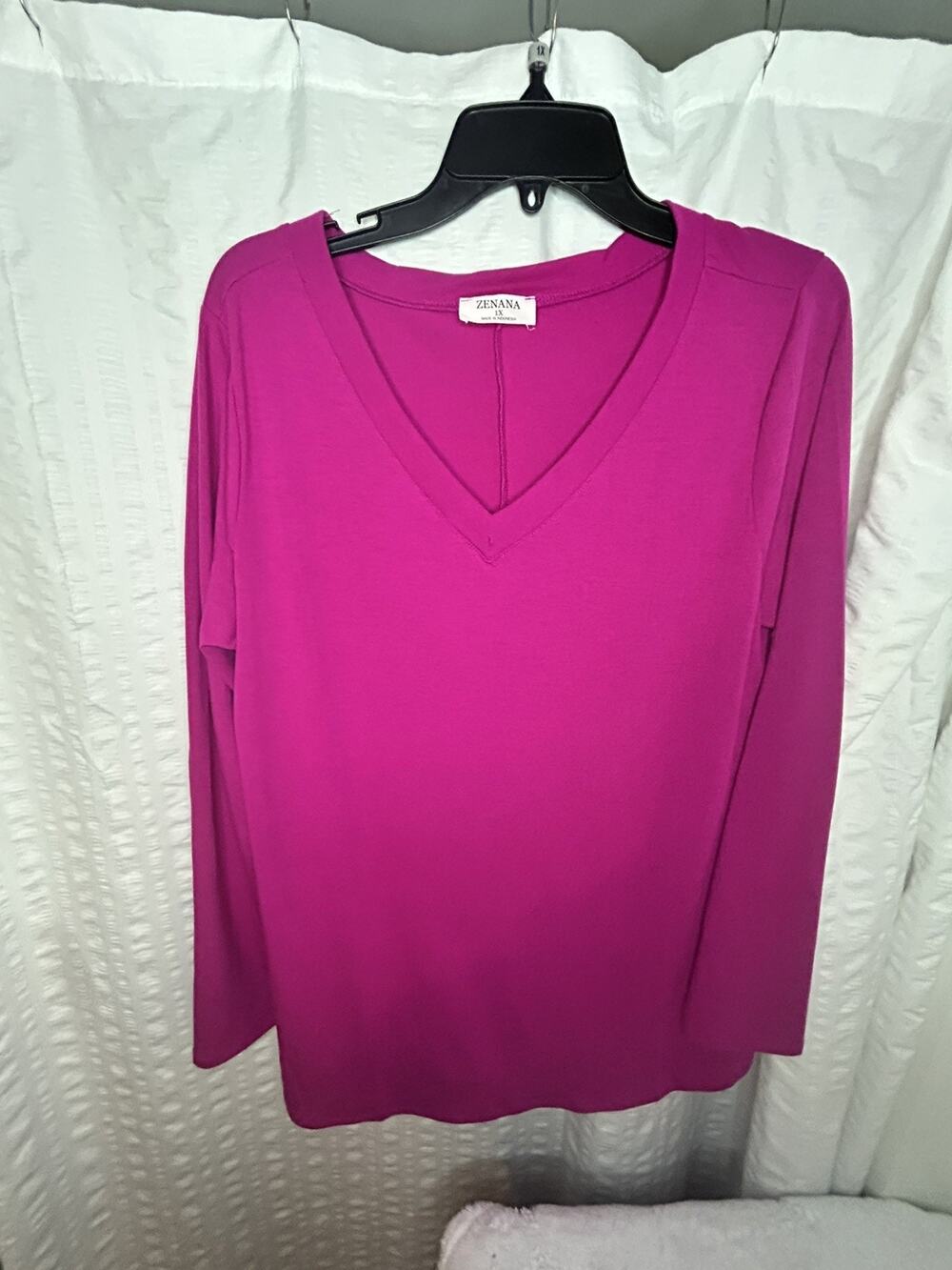 Zenana V-Neck Fuschsia Brushed Microfiber Long Sleeve Front Pocket Sz Large EUC